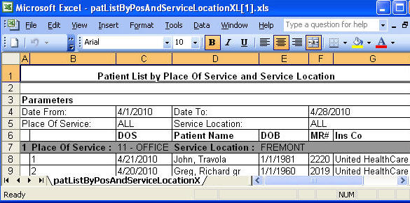 Patient listing by POS and Service Location excel report