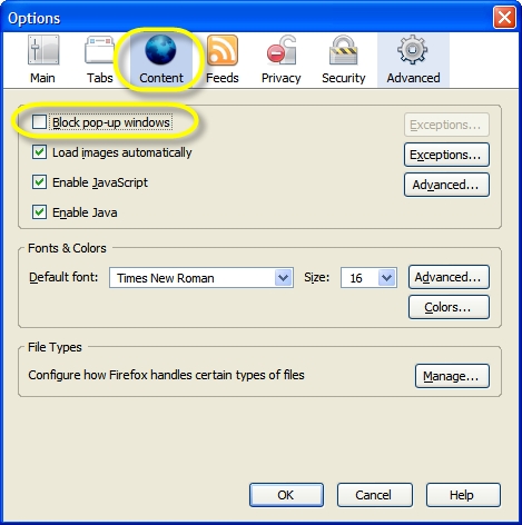 Firefox options dialog box